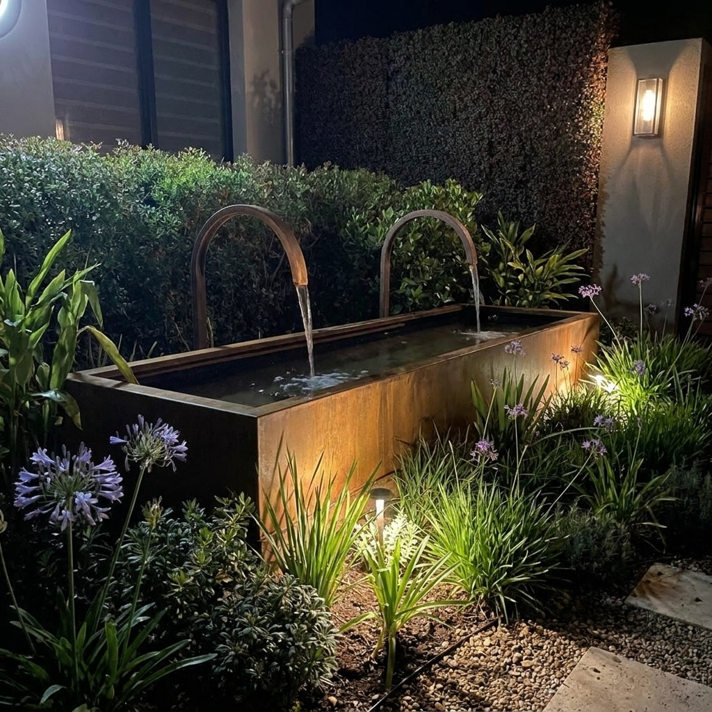 Fontaine en corten éclairée de nuit
