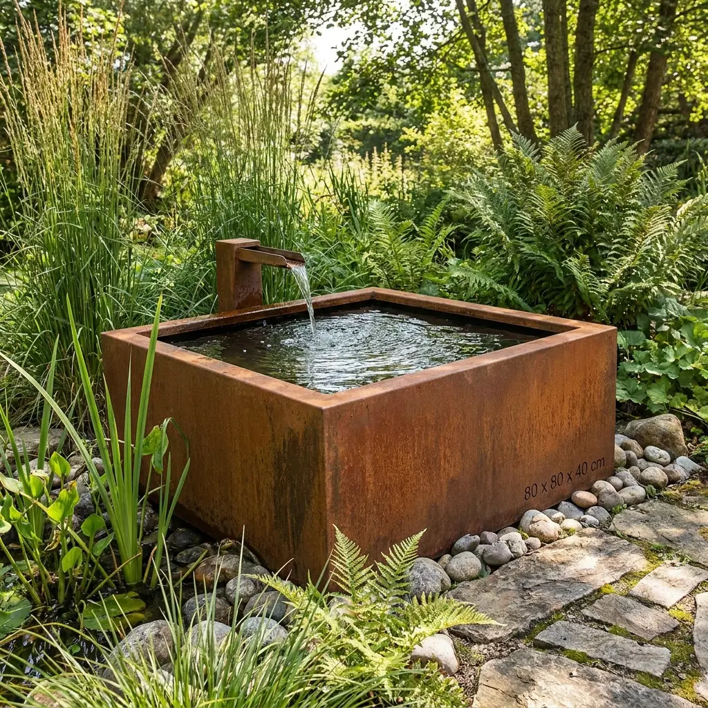 Fontaine en acier corten patiné, fabrication Maison Patinée Tourrettes-sur-Loup