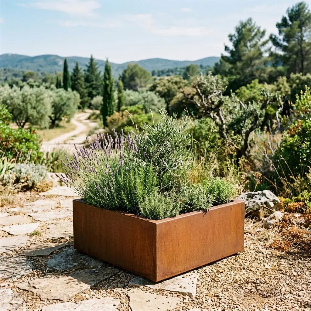 Jardinière carrée en acier corten 40 × 40 × 40 cm patiné, fabrication Maison Patinée Tourrettes-sur-Loup