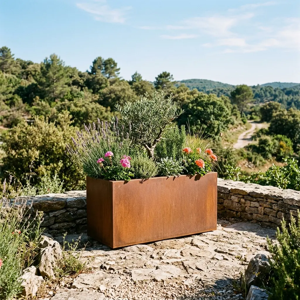 Jardinière rectangulaire en acier corten 100 × 40 × 40 cm patiné, fabrication Maison Patinée Tourrettes-sur-Loup