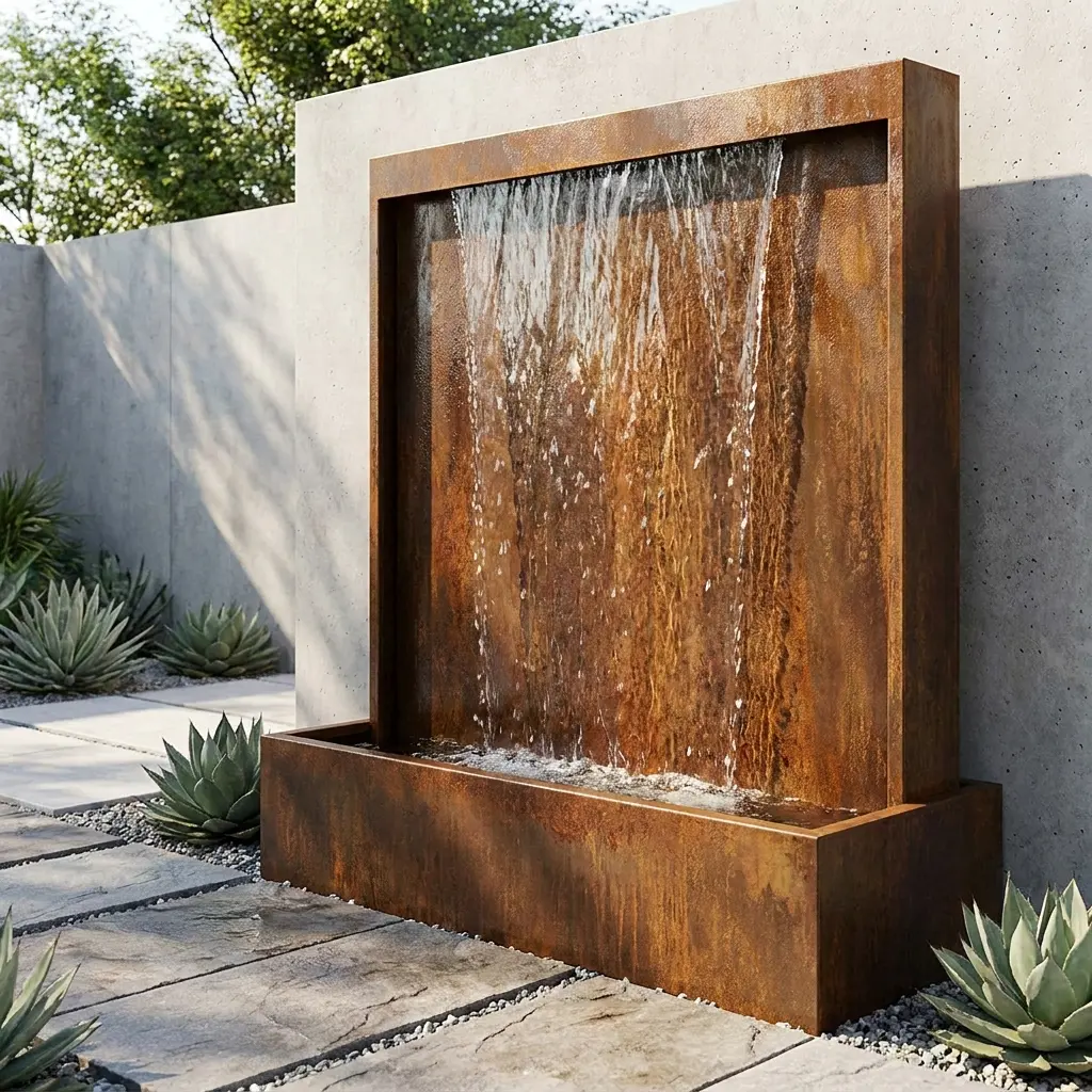 Mur d'eau en acier corten 100 × 25 × 100 cm patiné, fabrication Maison Patinée Tourrettes-sur-Loup